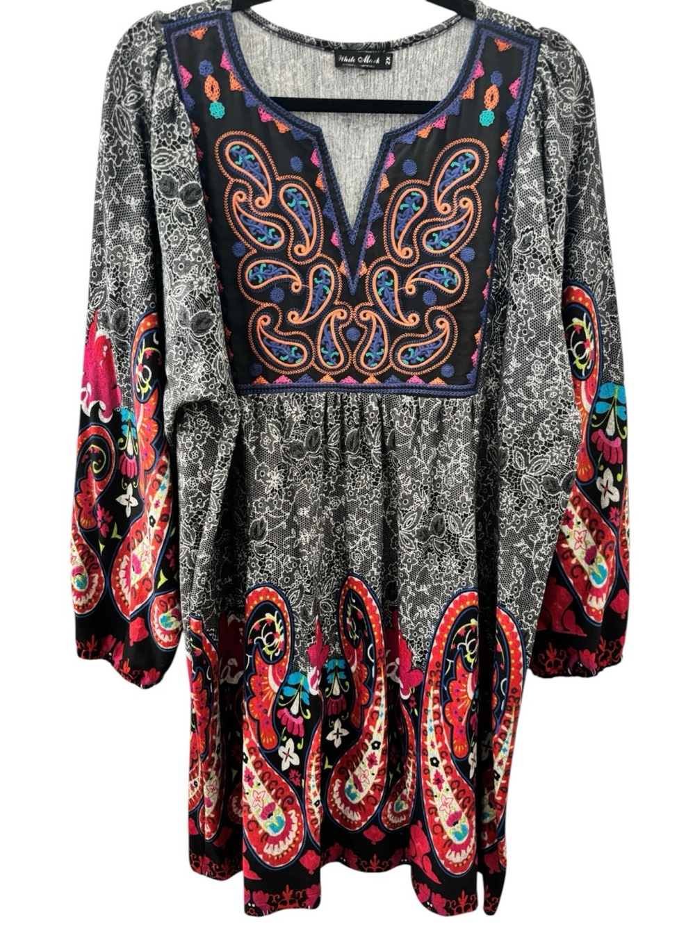 White Mark Black Paisley Embroidered Long Sleeve Dress w/ Multicolor Accents